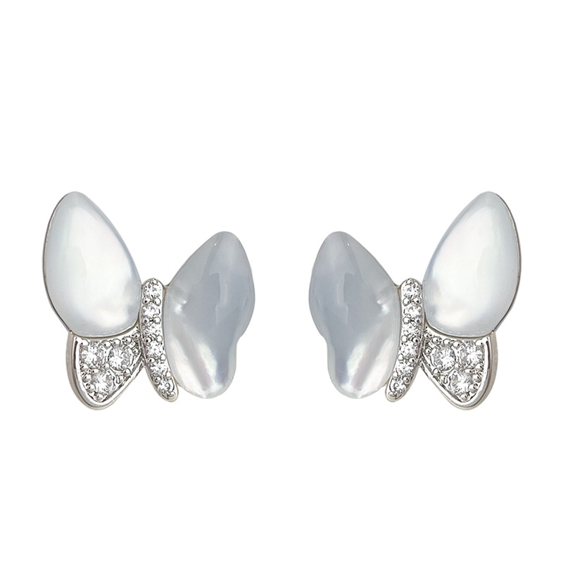 Natural mother-of-pearl butterfly cubic zirconia earrings, front view