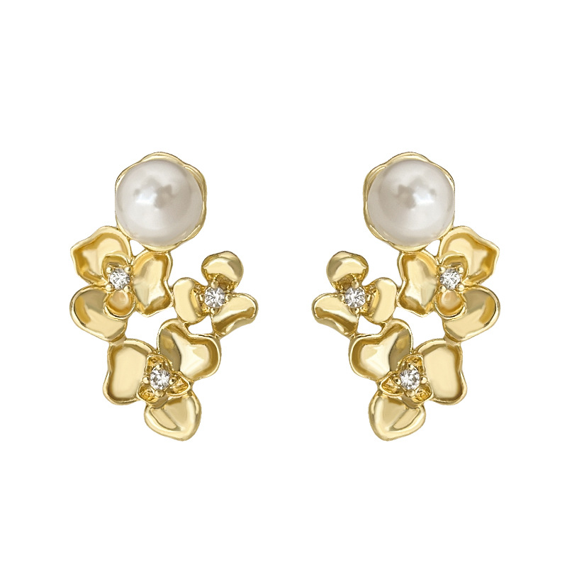 Pearl flower cubic zirconia earrings on white